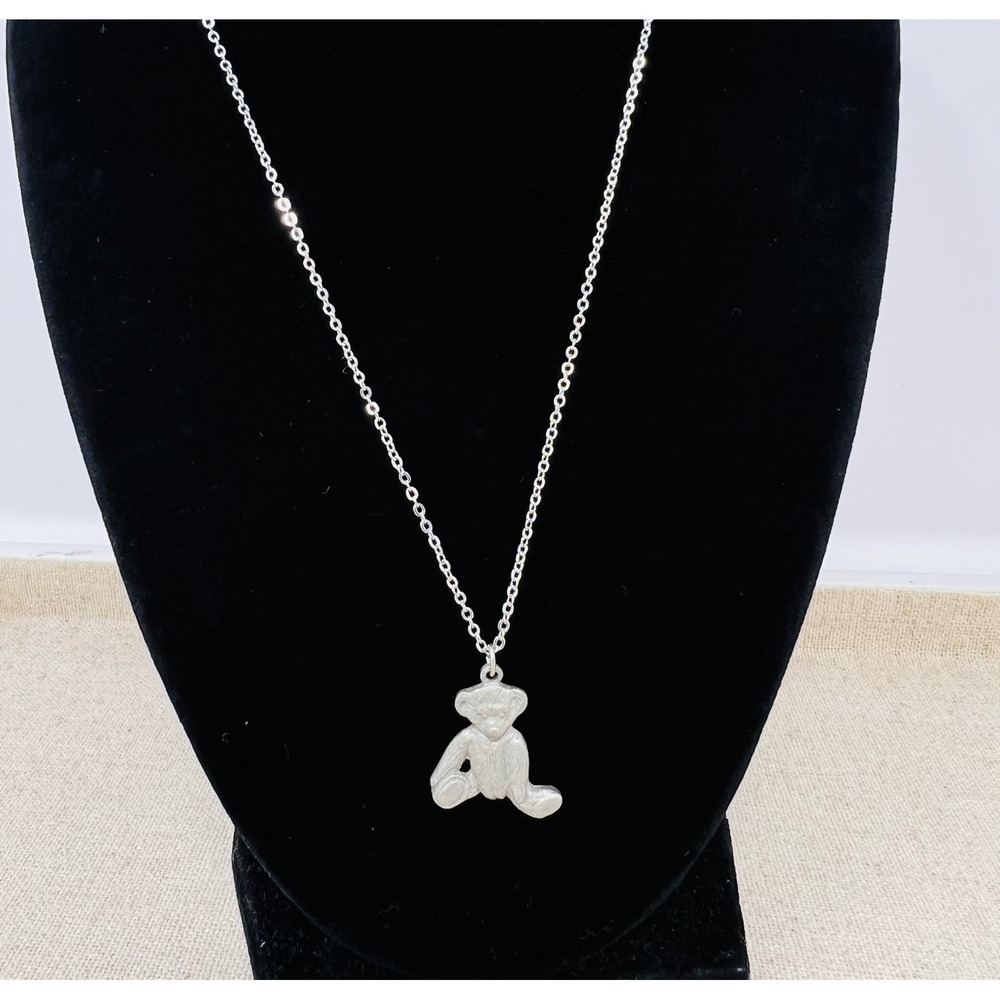 Vintage USPS 1996 Teddy Bear Pendant Necklace Silver Tone Made in USA 18 Inch